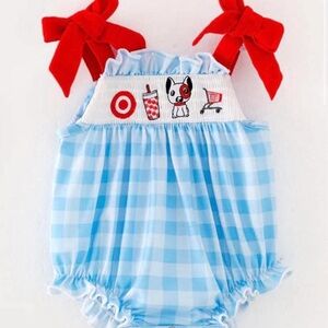 Blue Checkered Target Baby Romper with Red Bows